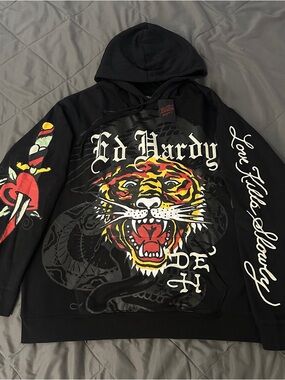 Ed Hardy Black Pullover with Multicolor Tiger and Script Graphics XXL